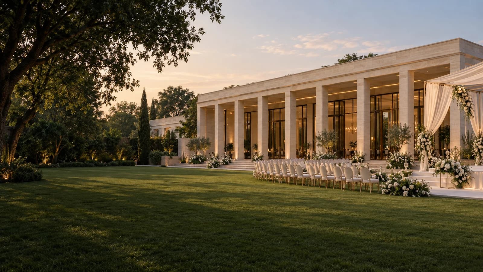 Imagined banquet and lawn venue at dusk